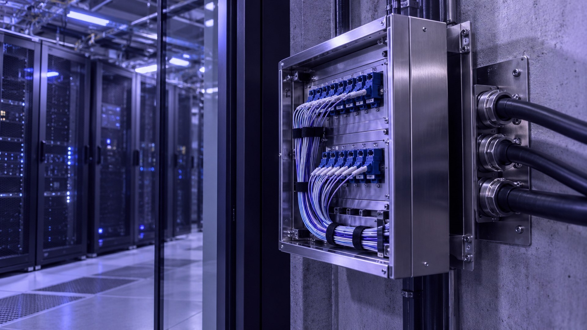 Fiber patch panel enclosure mounted beside rows of data center server racks