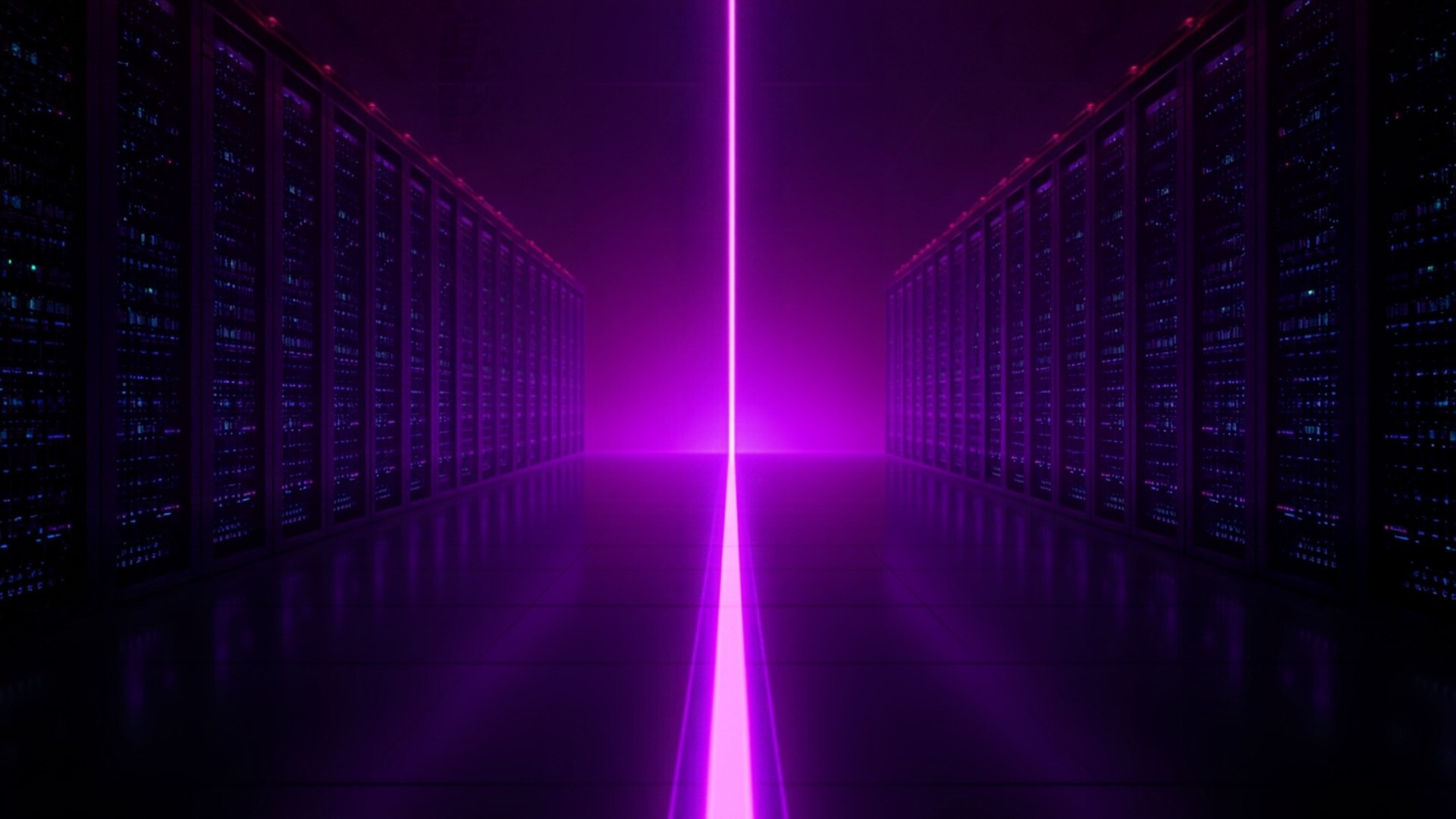Two mirrored server halls connected by a single glowing violet conduit in a darkened facility