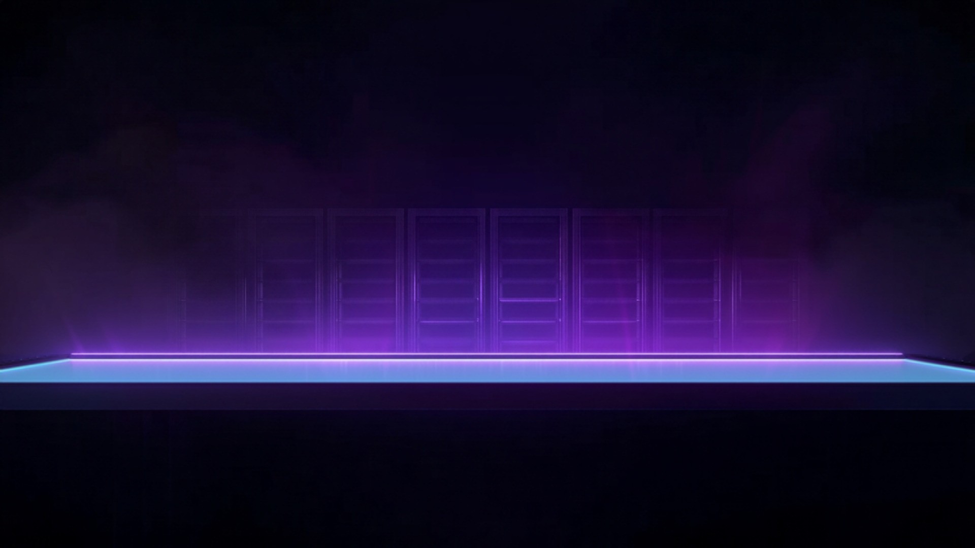 A violet-lit control console overlooking rows of server racks, with glowing lines reaching in from beyond a marked boundary