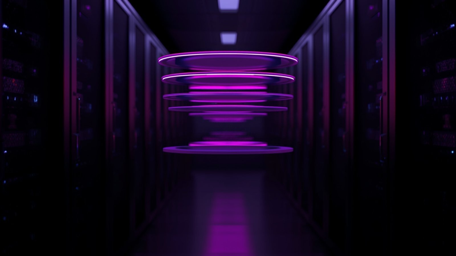 Sleek data center with soft neon highlights along the server racks