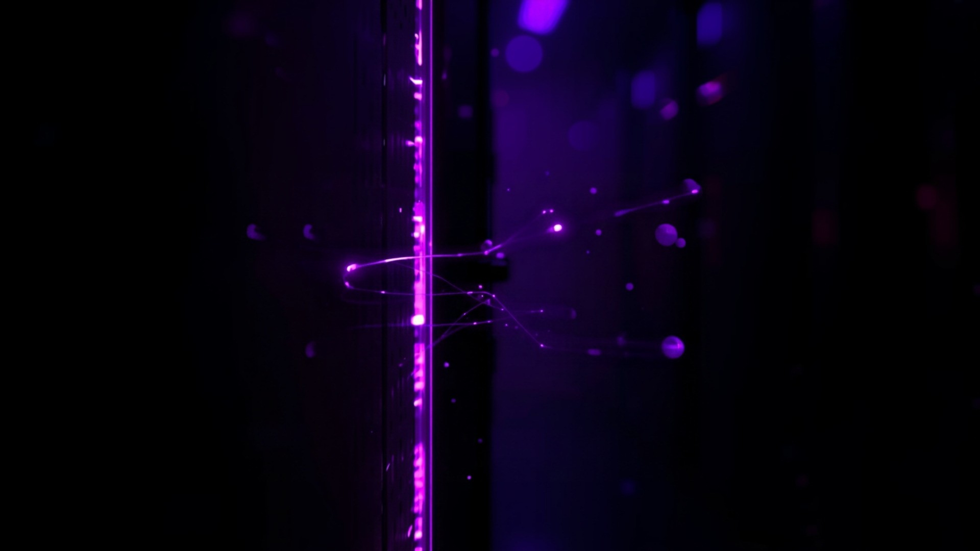 Streams of glowing violet data threads escaping a sealed server enclosure in a dark data center