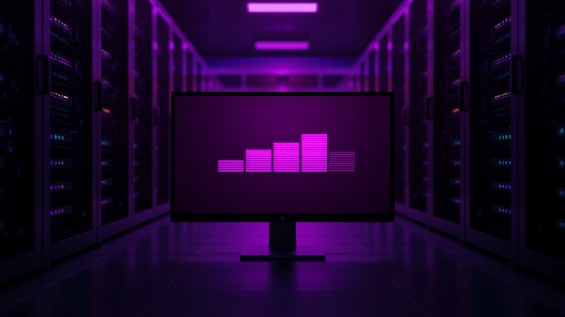 Monitor showing stacked dataset version bars in a violet-lit data center aisle