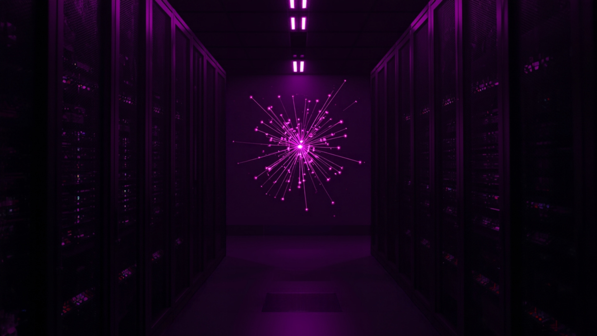Glowing cluster of connected nodes above a server rack under violet lighting